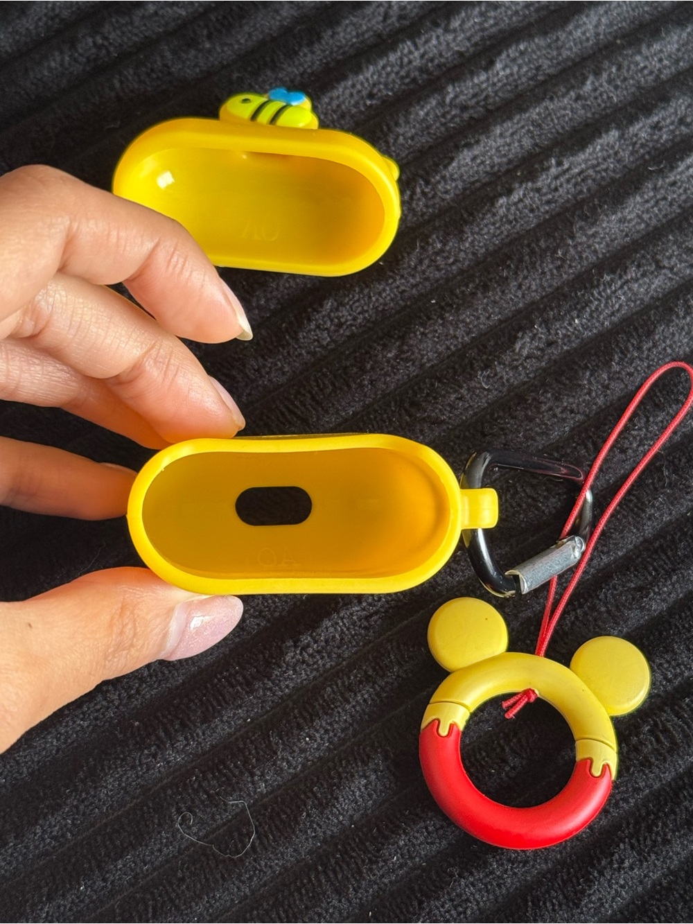 Yellow Winnie the Pooh Silicone AirPods Case with Red Ring Charm Gen 1+2 - Picture 5 of 6
